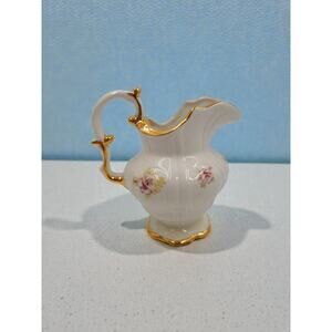 Hand Painted Porcelain Creamer Pitcher Gold Gilt Trim Pink Roses 5” Vintage
